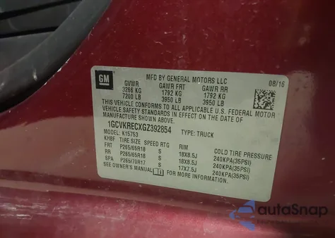 2016 Chevrolet Silverado 1500 2Lt z USA, uszkodzony, nr VIN 1GCVKRECXGZ392854